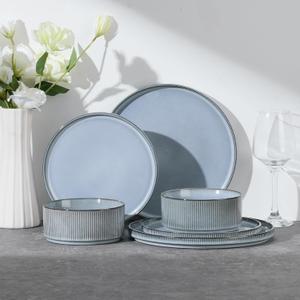 E-far Stoneware Dinnerware Sets for 2, 6-Piece Plates and Bowls Sets, Chip & Scratch Resistant Ribbed Dish Set for Home Restaurant, Microwave & Dishwasher Safe, Dusty Blue