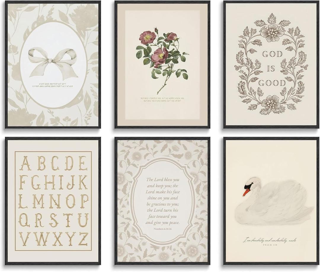 6Pcs Christian Nursery Poster Wall Art Cute Bible Verse Wall Decor Picture Vintage Scripture Floral Bow Posters Print for Kids Room Boy Girls Room Nursery Decoration Unframed (10L" x 8W")