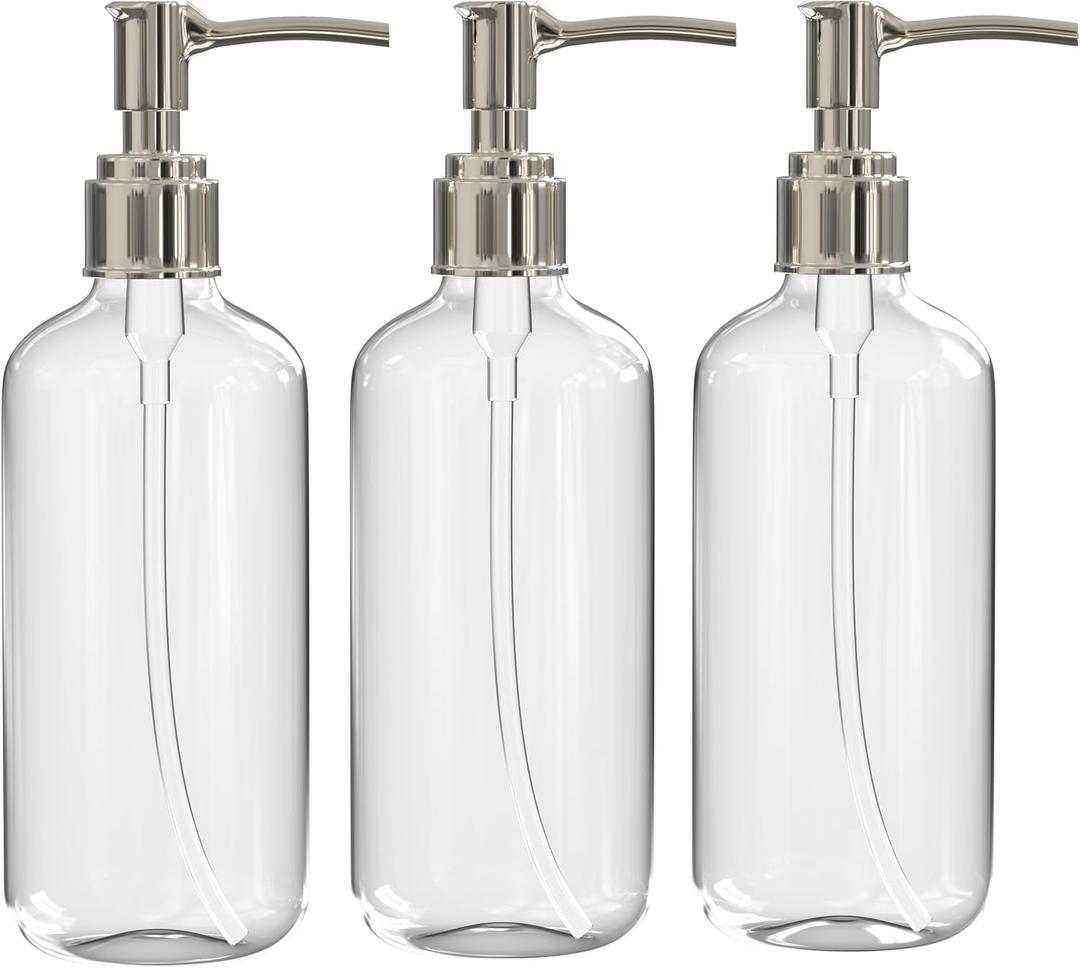 Refillable Clear Soap Dispenser Bottles with Pump, 16 oz (3 Pack) | BPA-Free Plastic Boston Round Containers for Hand Soap, Lotion, Shampoo, Kitchen & Bath