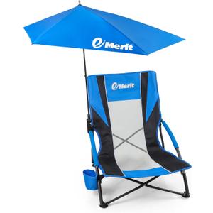 EMERIT Low Beach Chairs for Adults, Sling Beach Chair with Umberalla, Folding Backpack Camping Chair with Cup Holder (Blue & Black)