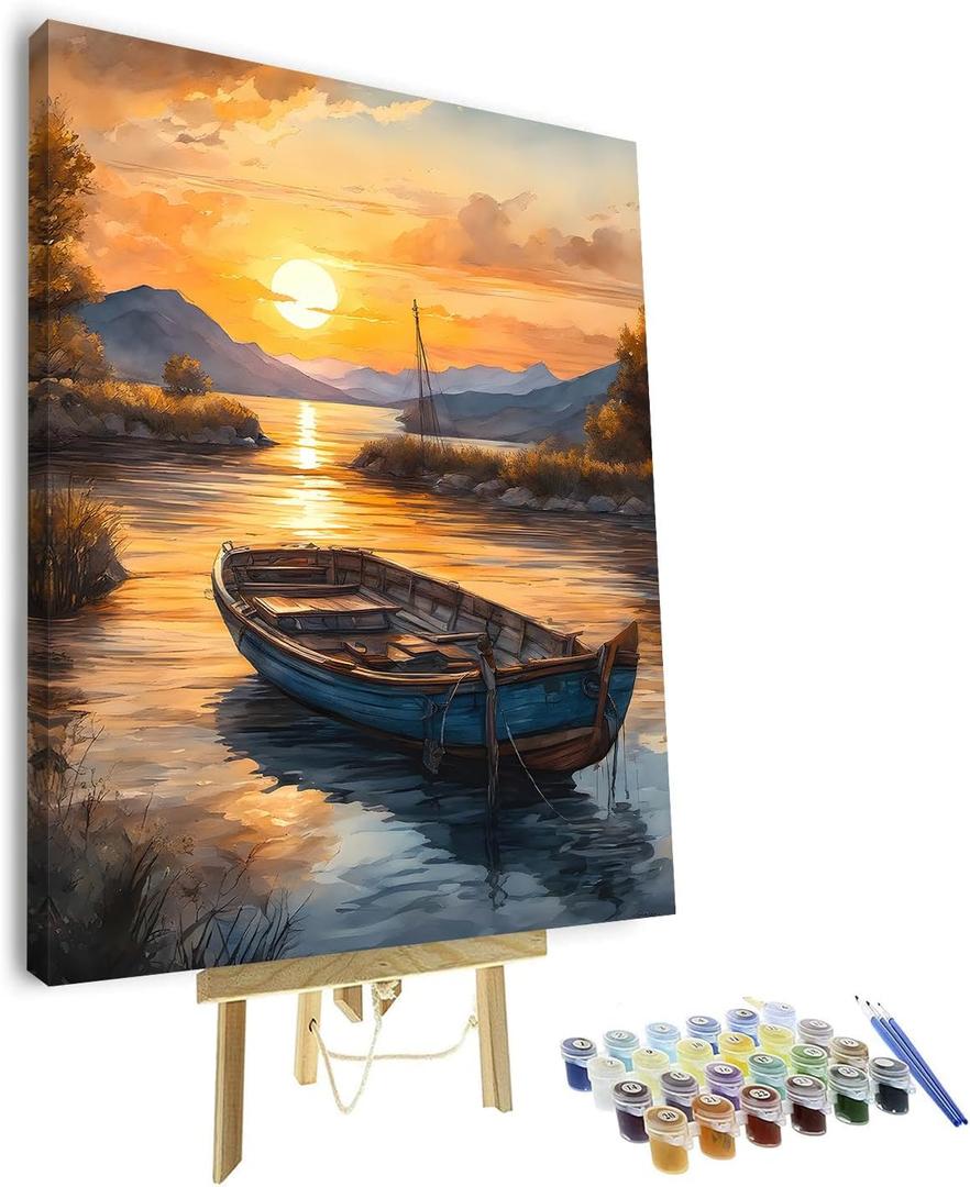 DIY Paint by Numbers, Fishing Boat Adults' Paint-by-Number Kits on Canvas, Sunset Beach Paint by Numbers Kit for Adults and Beginner, 16X20 Inch Framed Adult Paint by Numbers