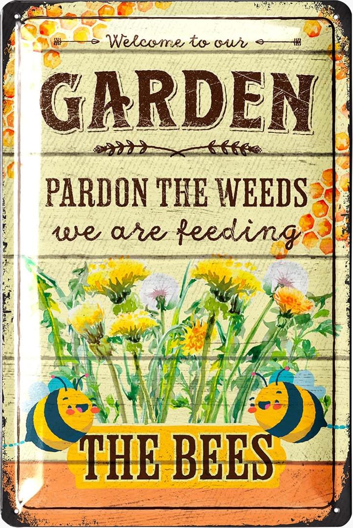 LANOLU Retro Tin Sign Garden - Kein Unkraut, WIR FüTTERN HIER BEES - Garden Signs for Outdoors, Signs for the Garden, Garden Signs, Funny Metal Signs Garden 20 x 30 cm, 2 Pack