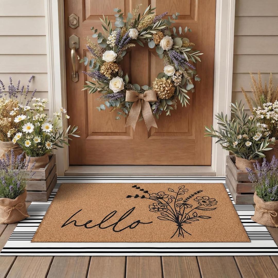 Tinideya 2 Pcs Door Mat Welcome Non Slip Coir Mats Floor Layering Doormats Seasonal for Front Porch Entryway Decor(Wildflower) (23.6 x 35.4 Inches, Black White and Brown)