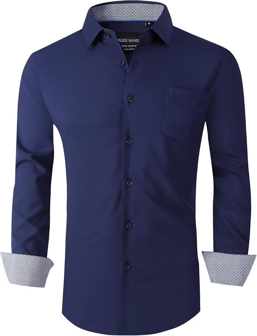 Alex Vando Mens Dress Shirts Regular Fit Long Sleeve Stretch Business Dress Shirts for Men (Blue, L)