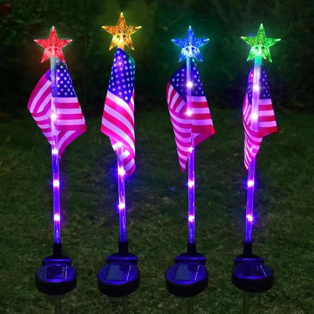 US Flag Solar Garden Lights, 4 Pack 24 LED 7 Color Changing American Flag Landscape Light, 4th of July Outdoor Decor Star Solar Stake Lights for Yard Patio Walkway Pathway (4)