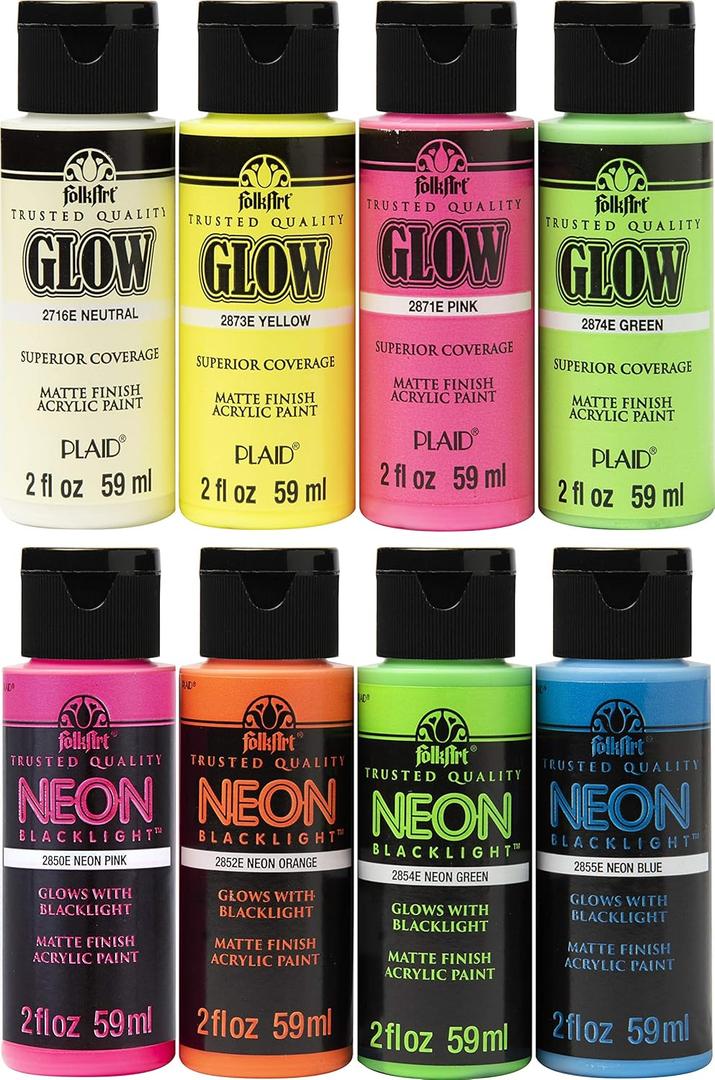 FolkArt Neon Glow Acrylic Paint Set, 2 oz, 8 Fl Oz