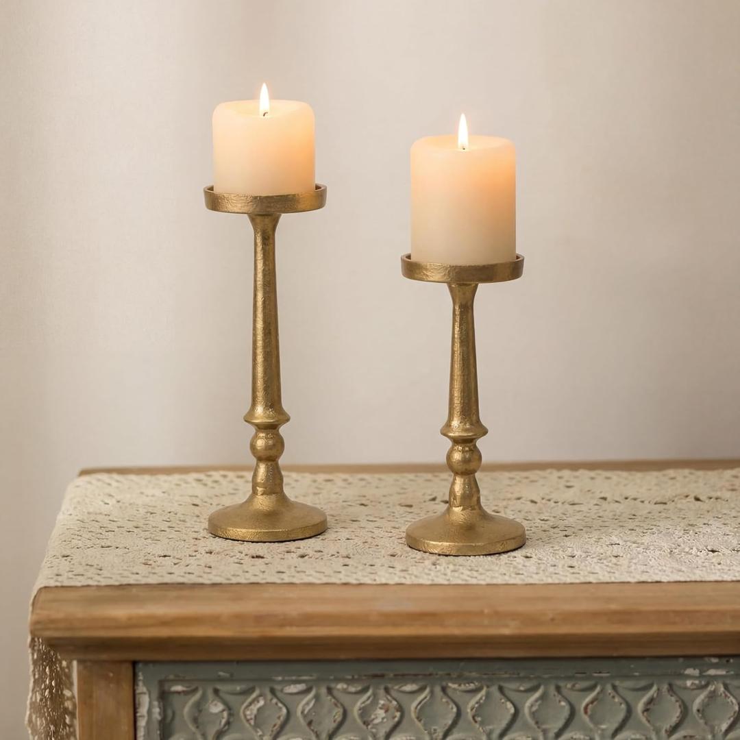 Set of 2 Gold Antique Brass Candlestick Holder Vintage Cast Iron Tall Candle Stand for 3 Inch Pillars Heavy Metal Candle Stand for Party Table Decor