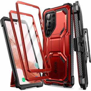 i-Blason Armorbox Designed for Samsung Galaxy S23 Ultra Case with Kickstand & Belt Clip, [2 Front Frames] Full-Body Rugged Bumper Case with Built-in Screen Protector [Support Fingerprint ID] (Ruddy)