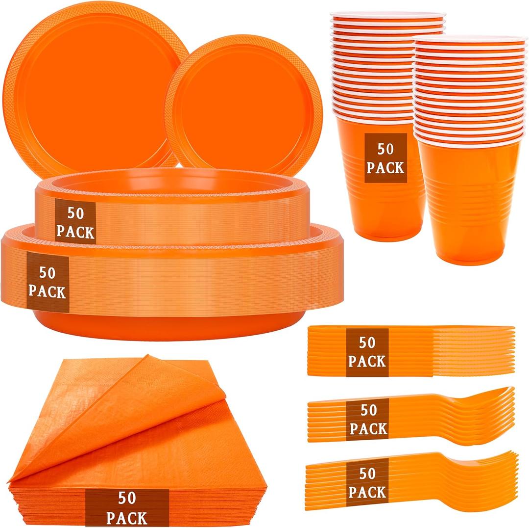 MirthMood 350PCS Orange Plastic Plates, Orange Disposable Plates Set Plastic Plates Set Includes 50 Dinner,50 Dessert Plate,50 Cup&50 Napkins, 50 Silverware for Wedding & Birthday Parties