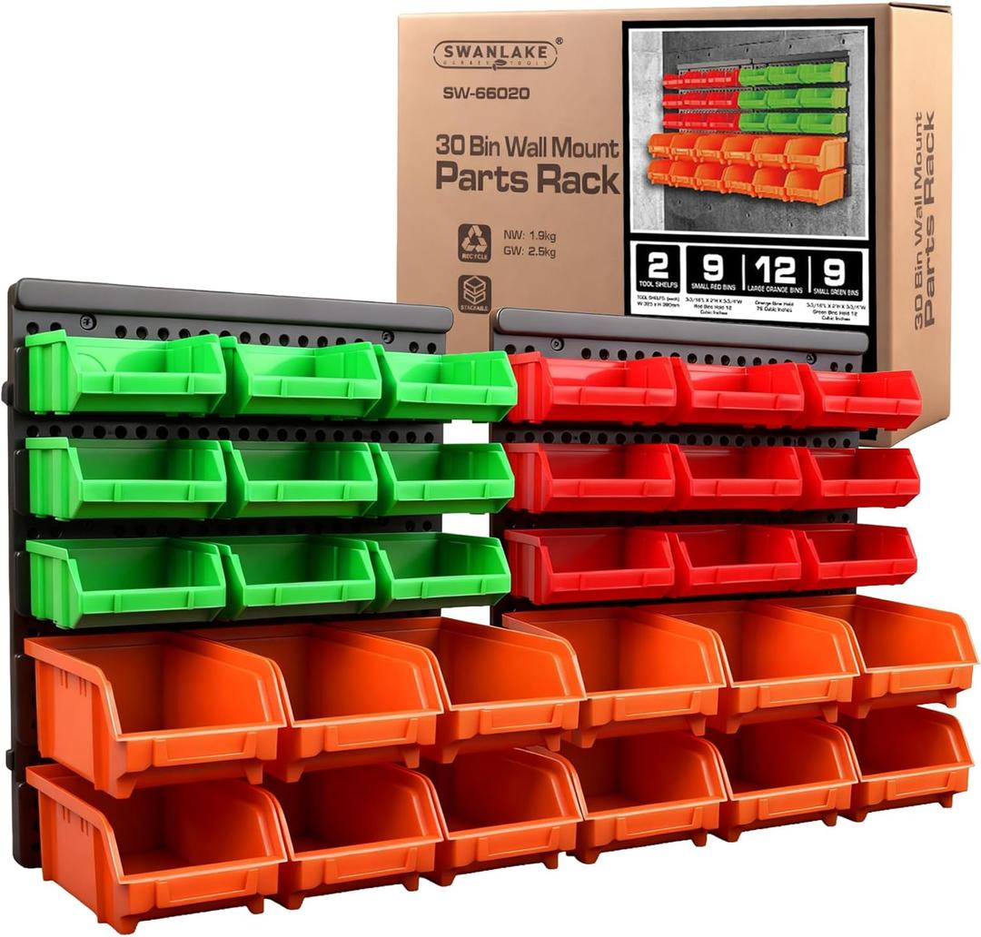 SWANLAKE GARDEN TOOLS 30-Bin Wall-Mounted Storage Bins, Heavy-Duty Garage Tool Organizer for Screws, Nuts, Bolts, Nails, Small Hardware Parts - Easy Installation and Customizable