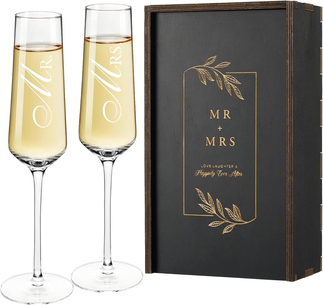 Mr. & Mrs. Champagne Flute Set - Elegant His and Hers Wedding Toasting Glasses for Celebrations, Bridal Shower Wedding Registry Gifts, Tall Wine Glasses for Bride and Groom (Set of 2Wooden box)