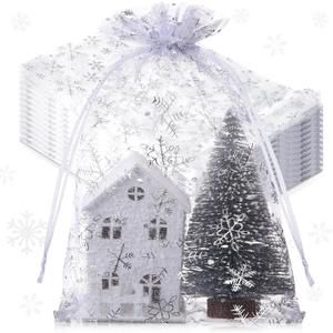 Roowest 50 Pcs Large Snowflake Organza Bags, 8'' x 12'' Winter Mesh Drawstring Gift Bags Bulk Sheer Pouch for Winter Holidays Xmas Wedding Jewelry Candy Packaging(White, Silver)