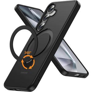 for Samsung Galaxy S25 Case Stand,Compatible with Magsafe Wireless Charging,with 360Rotatable Magnetic Ring Holder Kickstand,Slim Protective Phone Cover,Matte Translucent,Black