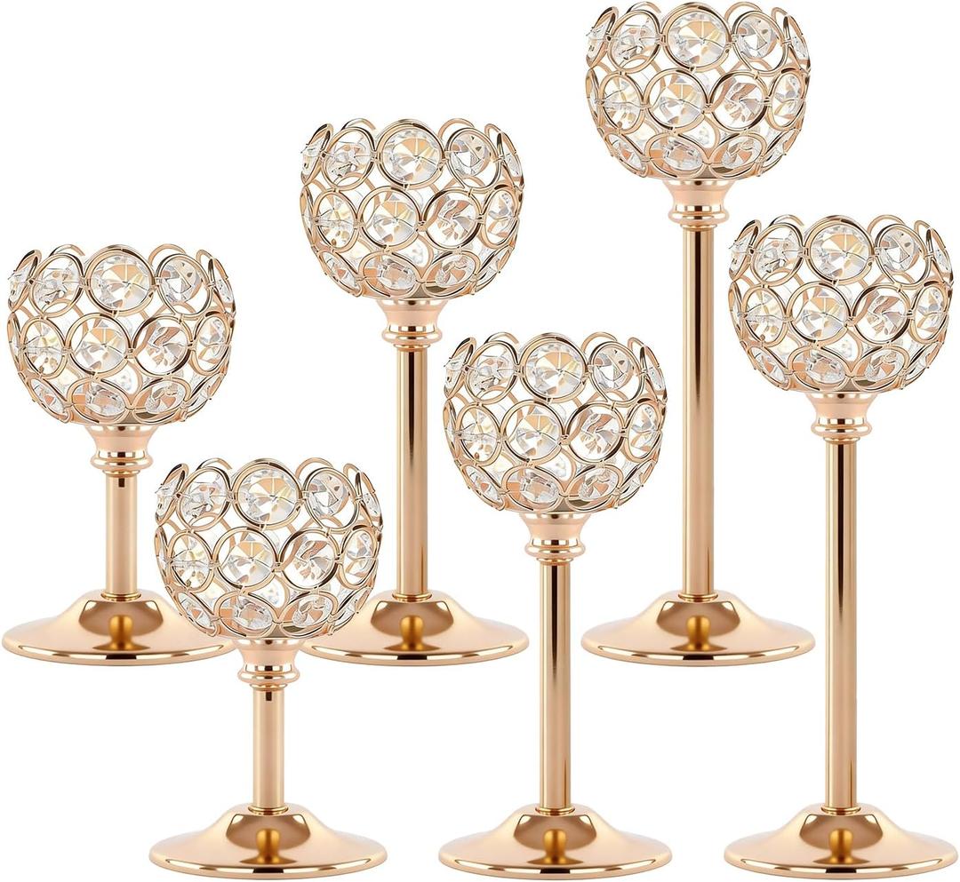 Gold Crystal Tealight Candle Holders Set of 6 (2 Sets) - Tall Bling Bowl Candelabra Centerpieces for Dining Table, Wedding, Party & Fireplace Mantel Decor