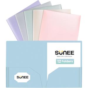 SUNEE 2 Pocket Folders (12 Pack, Pastel Colors) Heavy-Duty Plastic Folders with Pockets, Fit 8.5x11 Letter Size Paper, 2-Pocket File Folders for Kids, Home, School, Office