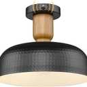Darkaway Dusk to Dawn Industrial Semi Ceiling Light Fixtures, Flush Mount Indoor Outdoor Ceiling Light with Black Hammered Metal Shade Outdoor Porch Foyer Entryway