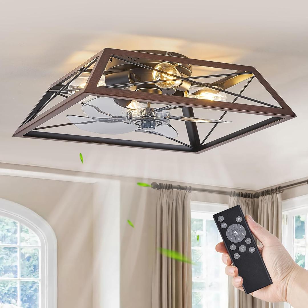 LEDIARY Ceiling Fan with Light, 24 Inch Farmhouse Caged Flush Mount, Low Profile Fan Light Fixture, Small Industrial Rustic Ceiling Fan with Remote