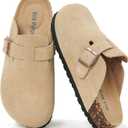 Womens Clogs Soft Leather Mules Cork Footbed Sandals Non-Slip Comfort Potato Shoes (Beige)