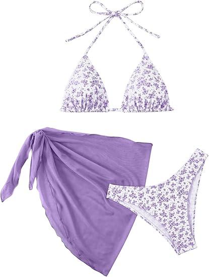 SHENHE Women's 3 Piece Floral Bikini Set with Wrap Coverup Halter Triangle Swimsuits, XL, Purple