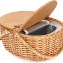 Wicker Picnic Basket with Cooler, Wooden Split Lid Picnic Basket, Vintage-Style Wicker Picnic Hamper with Folding Woven Handle for Picnic, Camping, Outdoor, Valentine Day, Thanks Giving, Birthday
