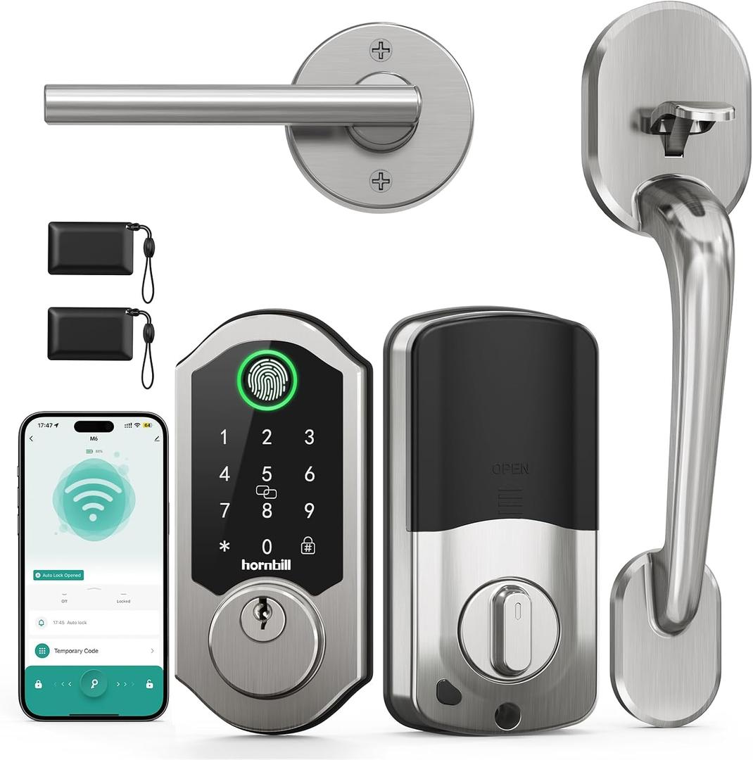 WiFi Smart Front Door Lock Set: Hornbill Electronic Keypad Deadbolt, 11-in-1 Keyless Entry with Handle, Alexa Fingerprint, Remote Bluetooth Lever, Satin Nickel