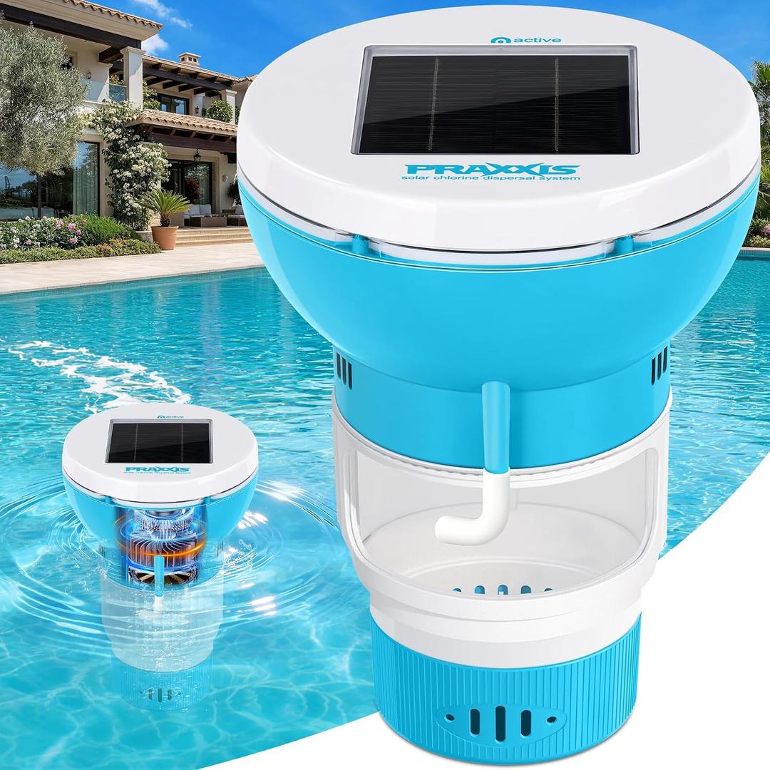 PRAXXIS Upgrade Chlorine Floater with Solar-powered Pump,Forced Flow Solar Chlorine Floater with Uniform Distribution,Moving Floating Chlorine Dispenser for Pool,Adjustable Pool Chlorine Floater(Blue)