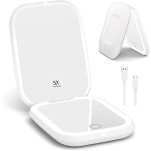 WOBSION Rechargeable 5X Magnification LED Travel Makeup Mirror,Dimmable Portable Compact Mirror for Pocket,Purses and Handbag,Gift,White