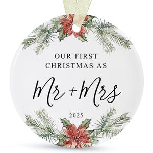 PDE-QUNLIAN First Married Christmas Ornament 2025, 1st Year Wedding Ornament, Ceramic Hanging Decoration for Couples Just Married with Gift Box & Ribbon, 2.9" (Mr&mrs-festive Christmas)