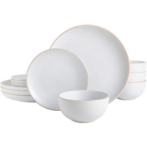 Gibson Home Rockaway 12-Piece Round Stoneware Dinnerware Set, Service for 4 White Plates and Bowls, Modern Matte Finish, Microwave & Dishwasher Safe
