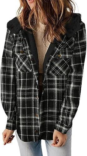 Dokotoo Womens Plaid Shacket Jacket Long Sleeve Button Down Fleece Hooded Jackets Warm Coat, XL