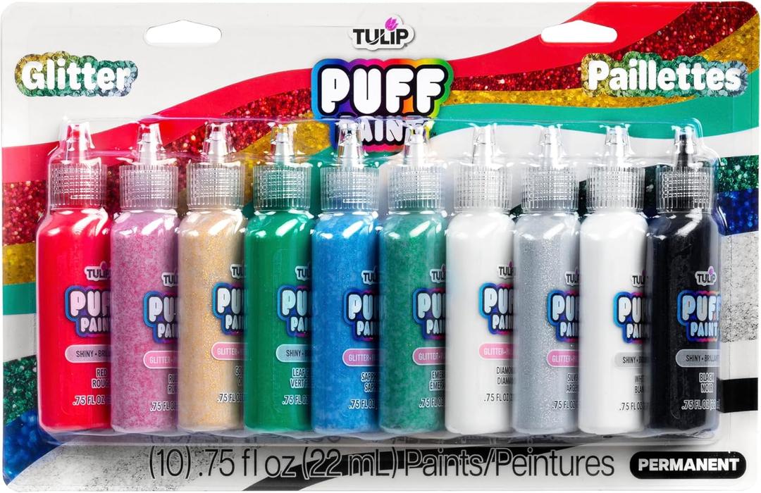 Tulip Glitter Puff Paint Pack, Permanent Multi-Surface Craft Paint for Drawing, Marbling, Hand Lettering or Dot Art Techniques, Use on Fabrics, Decor, Rock Painting, Egg Painting, Ornaments, 10 Colors