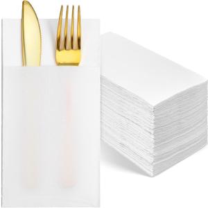 Disposable Cloth Like Napkins,100 Count Pocket Napkins Built-in Flatware Pocket White Prefolded Linen Feel Dinner Napkin for Thanksgiving Wedding Party Kitchen