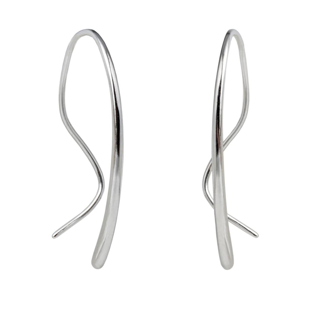 Pull Through Earrings 925 Sterling Silver Handmade Curved Open Hoops Threader Earrings for Women (White Gold Colored)