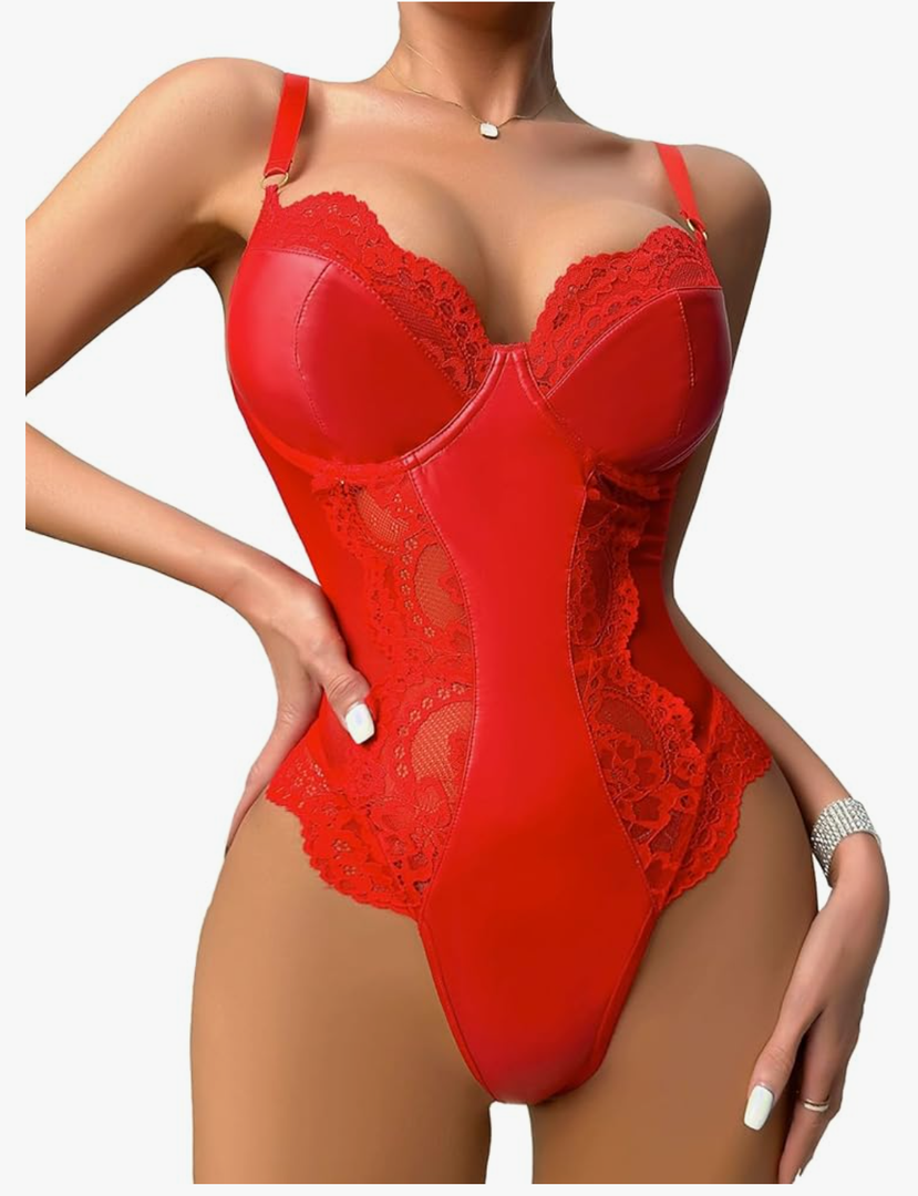 Women Leather One Piece Lingerie Underwire Lace V Neck Nightgown Babydoll Bodysuit ,Size L