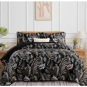 WONGS BEDDING Boho Quilt Set King,Black Paisley Floral Pattern Bedspread Coverlet Set with 2 Pillowcases,3 Piece Lightweight Microfiber Bohemian Quilt Bedding Set 104"90"