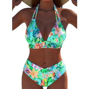 ROSEWE Womens Double Straps Bikini Sets, V-Neck Triangle Top with Mid-Waisted Briefs, Two Piece Colorful Halter Swimsuits Large