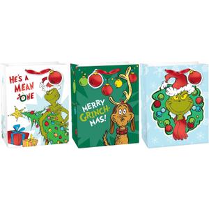 Grinch Medium Favor Bags - 9" x 7" x 4" | Assorted Colors & Design With Foil Hot-Stamped Paper Bags, Perfect For Holiday Celebrations & Events - Pack Of 3