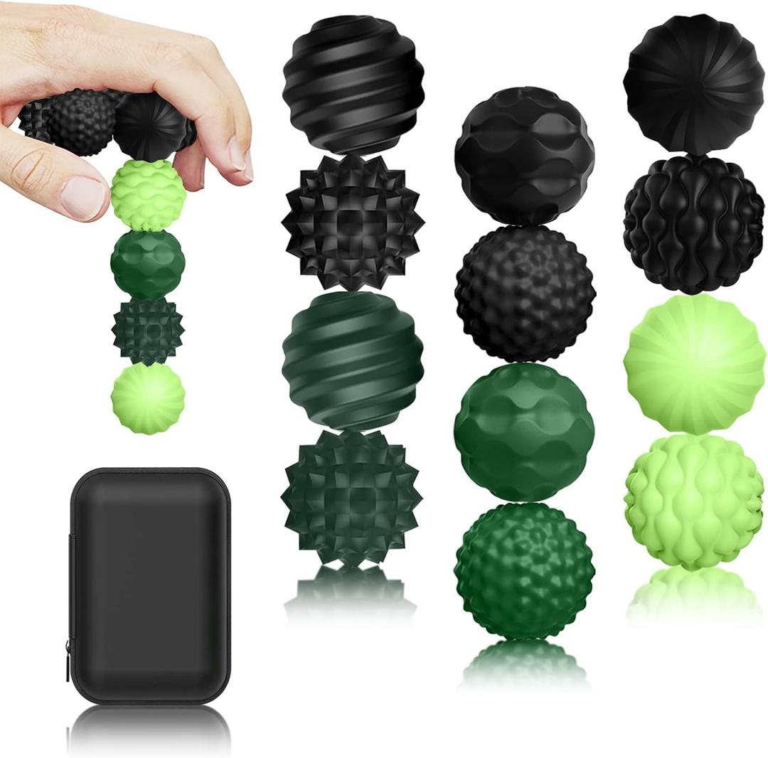 12 Pack Silicone Magnetic Sensory Fidget Balls for Adults and Teens(14+), Silent Office Desk Stress Balls, Fun Textured Design, Suitable for Autism, ADHD, Anxiety (Black & Green)