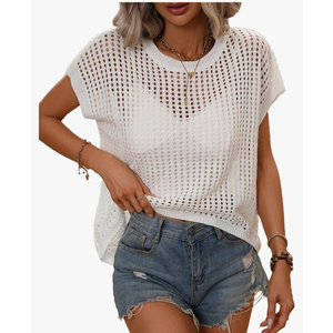 Summer Crochet Tops for Women 2025 Summer Sweaters Lightweight Beach Vacation Clothes for Women Hollow Capsleeve Cute Tops, M