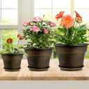 Plant Planters Pots Set of 4 Pack 8 Inch, Plastic Flower Pot For Indoor Plants With Drainage Holes & Trays, Resin Decorative Container Sets With Saucer For House Outdoor Garden Planters Dark Gold
