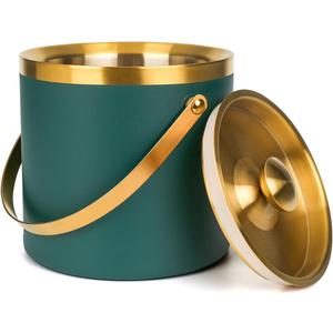3L Double-Wall Insulated Stainless Steel Ice with scoop for Cocktail Bar - Metal Ice for freezer with Lid for parties,Camping,and More!champagne ,bar cart accessories (gold green)