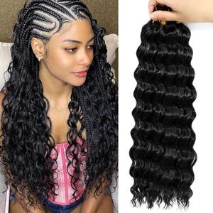 Eerya Long Curly Braiding Hair 16 Inch 4 Packs Ocean Wave Crochet Hair for Black Women Deep Wave Braiding Hair for Boho Braids(16inch,#1B)