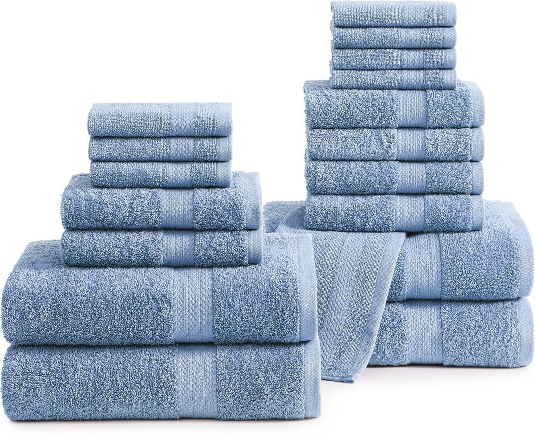 LANE LINEN 100% Cotton Bathroom Towels - 18 Piece Set - Super Soft, Quick Dry & Absorbent - 4 Bath, 8 Washcloths, 6 Hand Towels for Bathroom - Hotel Quality & Suitable for Family - Cerulean Blue