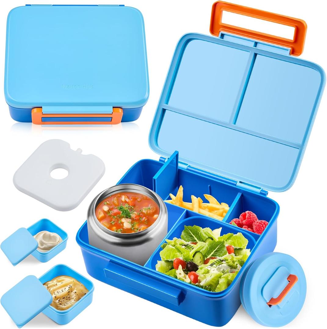 Bento Lunch Box for Kids with 8oz Soup Thermo Leak-Proof Lunch Food Containers with Snack Sauce Container for Kid Girls Boys to School, Blue