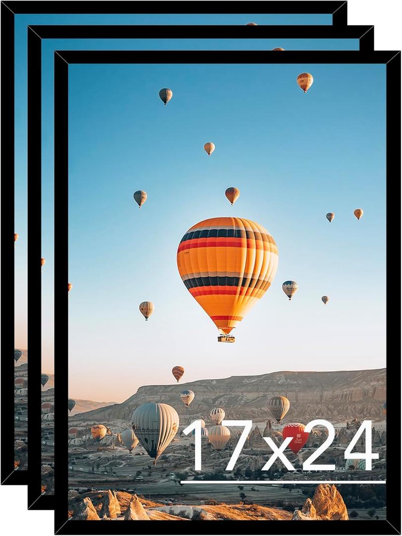 17x24 Picture Frame Set of 3 Black for Poster Photo Picture, Horizontal and Vertical Formats for Wall Hanging, 17 x 24 Wall Gallery Poster Photo Frame for 17 by 24 Photos Posters, 3 Pack, Black