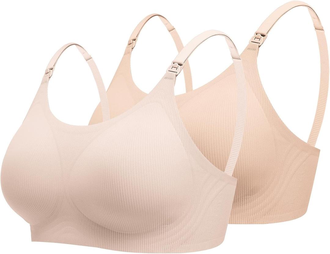 Ekouaer Nursing Bras for Breastfeeding Ribbed, Seamless Ultra Comfort Maternity Bralette Wireless Pregnancy Sleep Bra (Large, Cream/Beige)