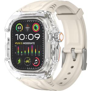 Delidigi Rugged Band and Case Compatible with Apple Watch Ultra 3 2 1 Series 11 10 9 8 7 6 5 4 SE 3 49mm 46mm 45mm 44mm 42mm, iWatch Sport Strap with Shockproof PC Frame Bumper for Men (Starlight Clear)