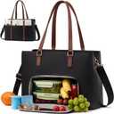 LOVEVOOK Lunch Bag for Women, Leather Laptop Tote Bag with Insulated Lunch Compartment for Work, Office (15.6 inch, Black-white-brown)