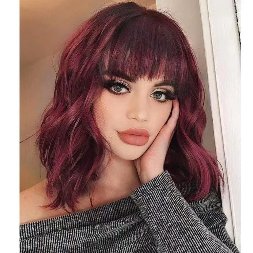 NOBLE Synthetic Ombre Burgundy Wig Short Wavy Wigs With Air Bangs Shoulder Length Wig For Women Curly Wavy Heat Resistant Synthetic Colorful BOB Wigs (12 Inch (Pack of 1), /530B)