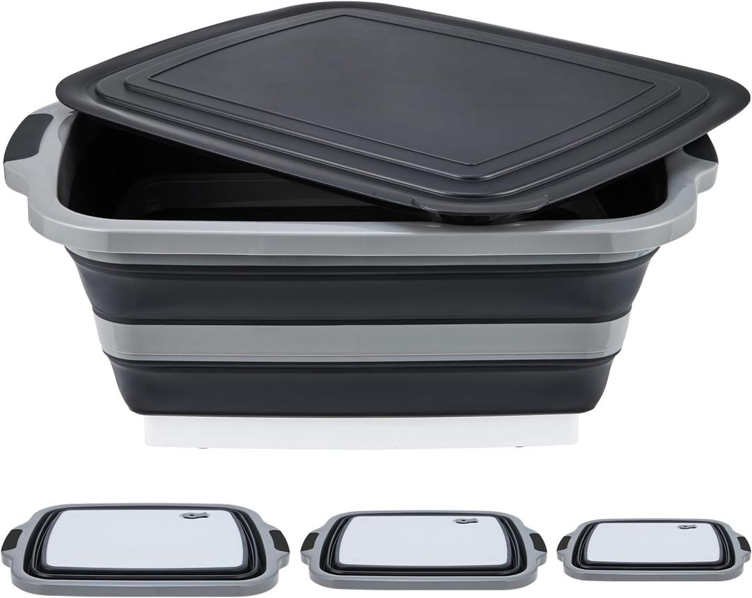 TANOSHII 3-Piece Collapsible BBQ Prep Tubs with Lids and Built-in Cutting Board For Meal Prep Marinating Food Storage&Washing Picnic Camping Set of 3 (1) Medium + (1) L + (1) XL Black